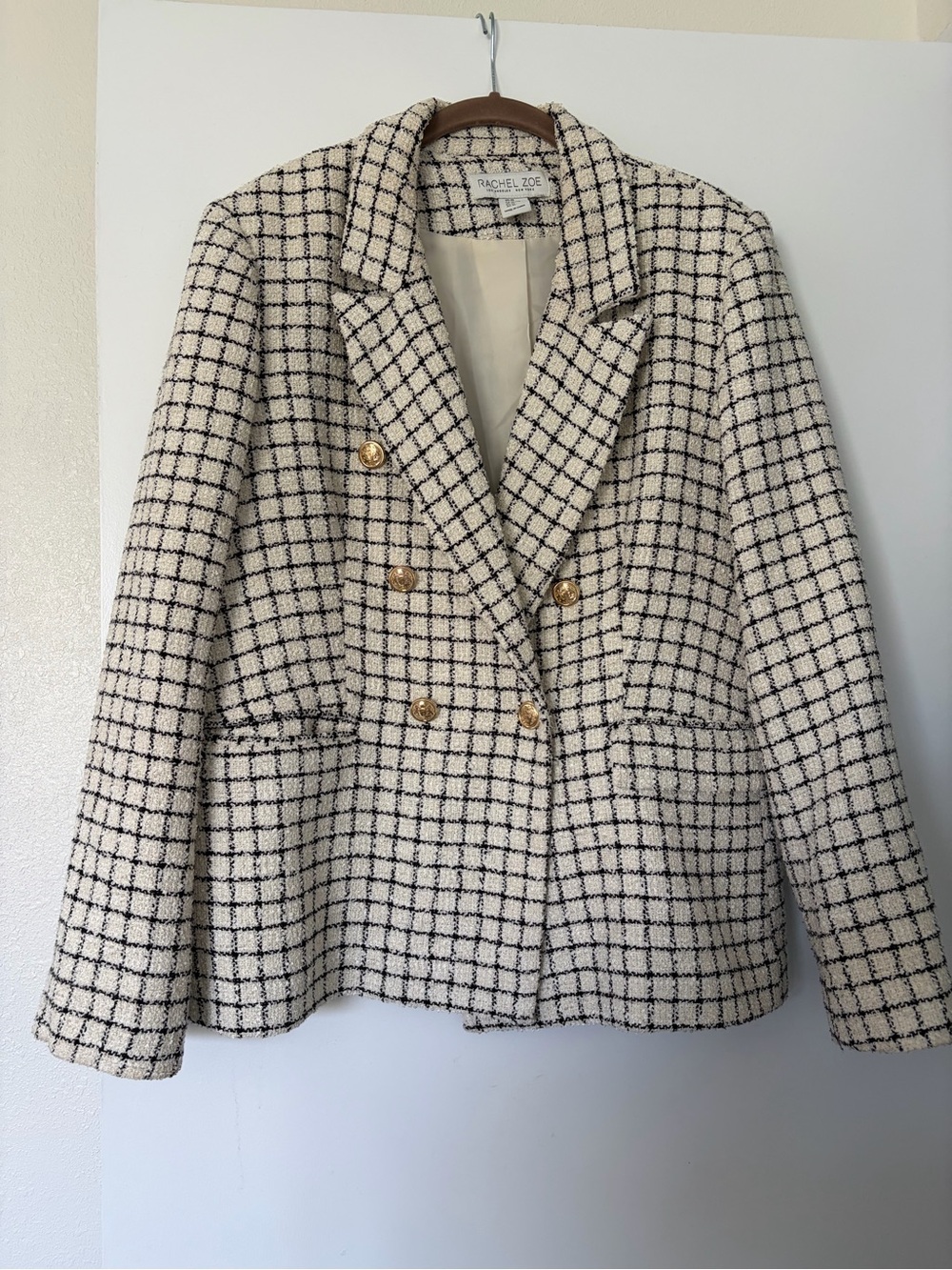 Rachel Zoe Cream and Black Windowpane Double-Breasted Tweed Blazer